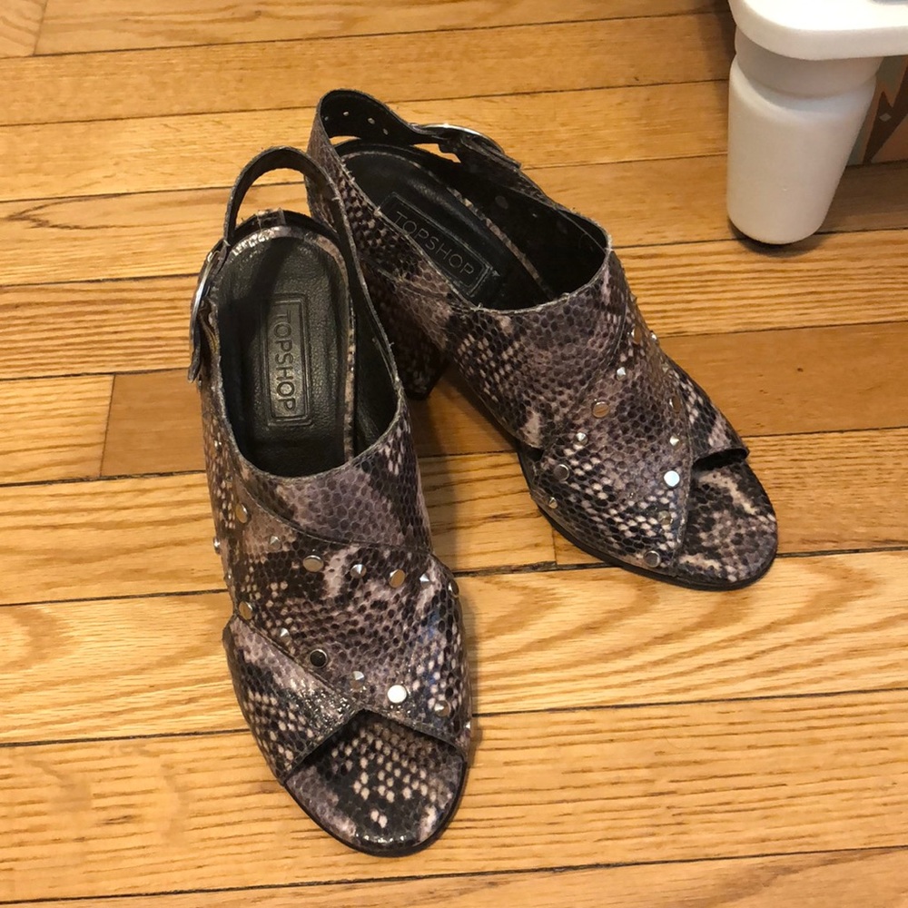 Topshop dark snake print studded block heels